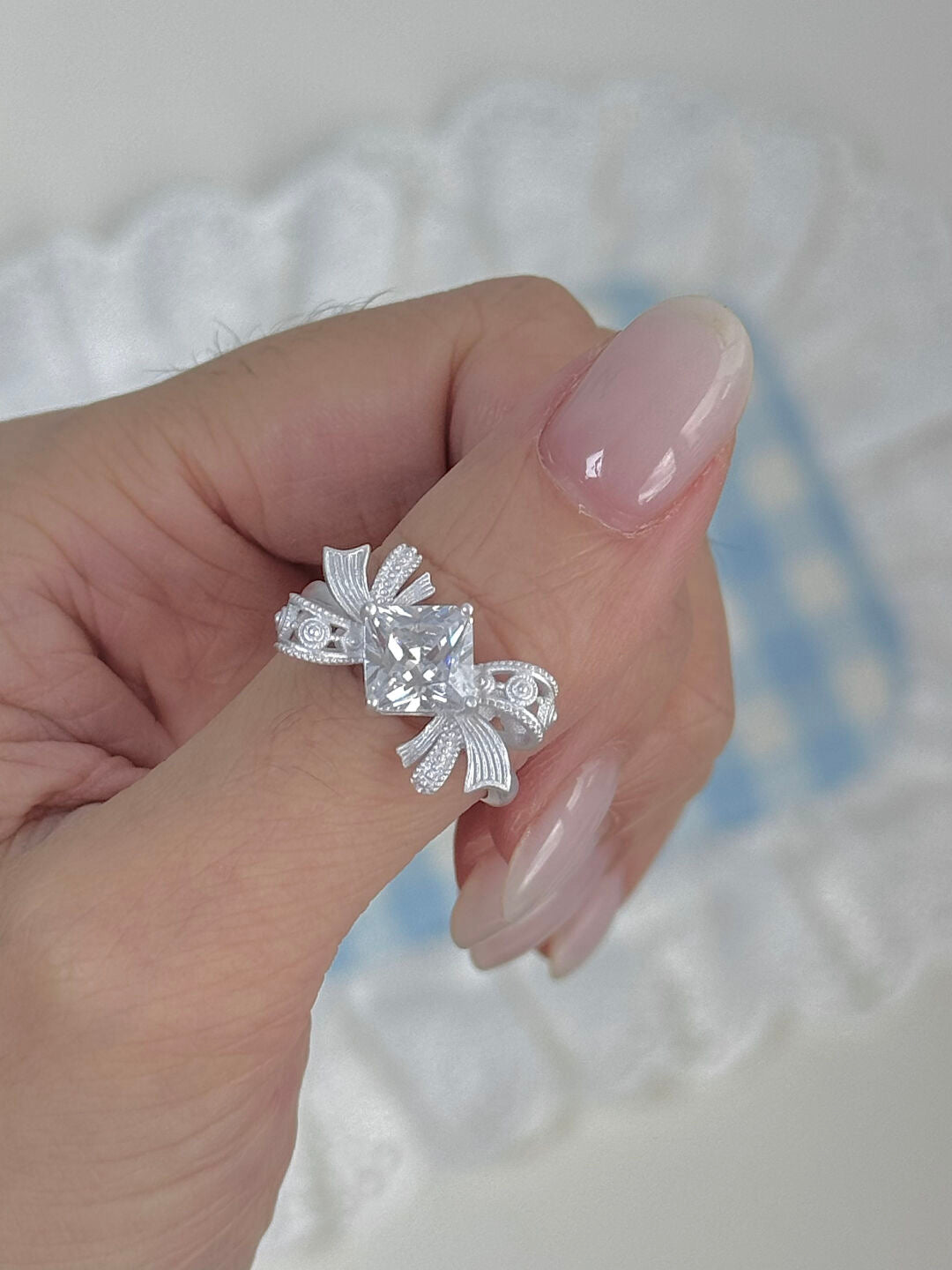 LolaWhite "Layered Butterfly Veil" S925 Sterling Silver Square Zircon Lace Bow Ring – Unique & Light Luxury