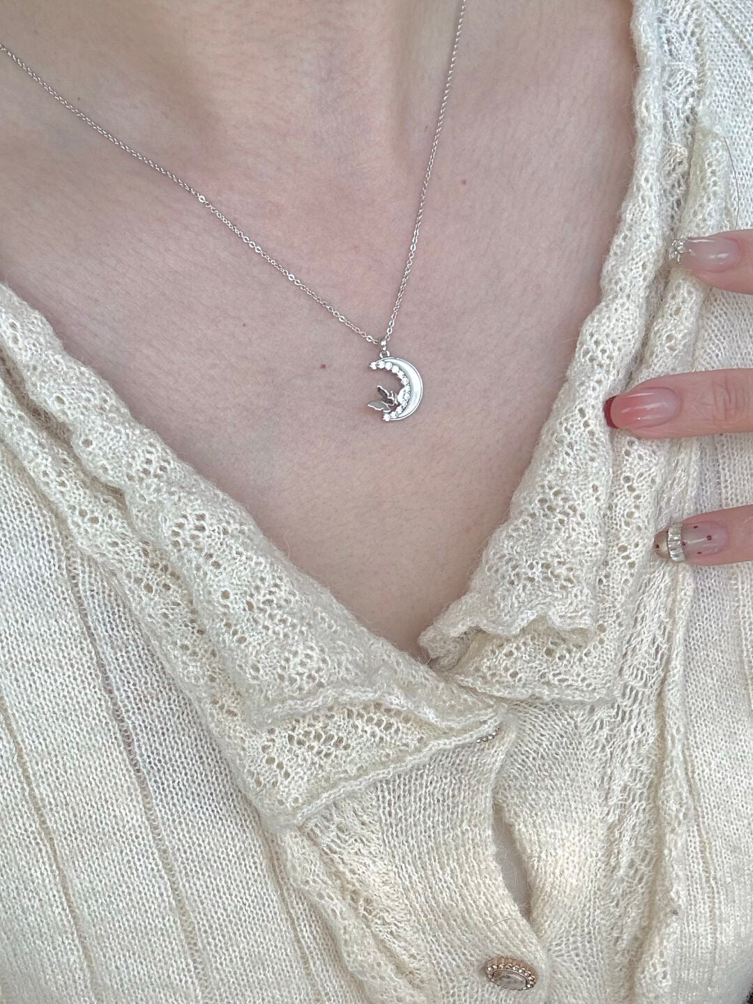LolaWhite "Butterfly Gathering Moonlight" Designer Butterfly Zircon & Mother-of-Pearl Moon Necklace (Silver Plated)