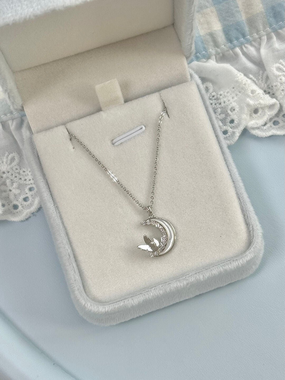 LolaWhite "Butterfly Gathering Moonlight" Designer Butterfly Zircon & Mother-of-Pearl Moon Necklace (Silver Plated)