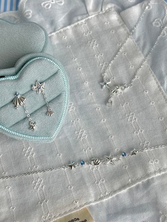 LolaWhite "Positano Summer" S999 Solid Sterling Silver Starfish & Shell Jewelry Set with Blue Zircon - Nautical Holiday Collection