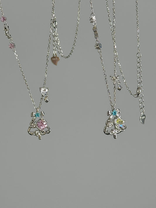 DearLola "Melting Snow Sweetheart" S925 Sterling Silver Pink & Blue Zircon Christmas Tree Necklace - Dreamy & Festive