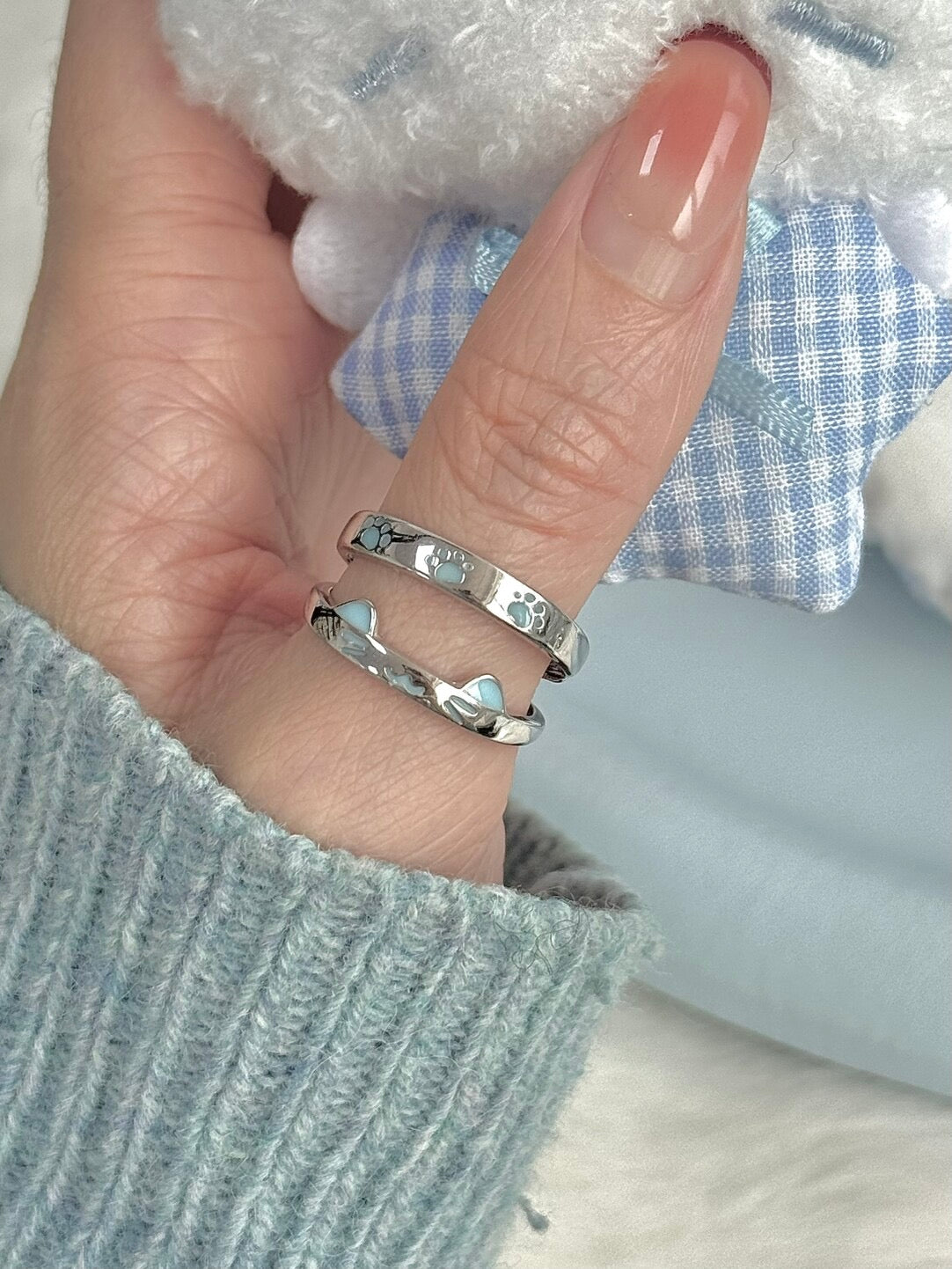 LolaWhite "Cat Lover" Solid S999 Pure Silver Glow-in-the-Dark Cat Couple Ring – Minimalist & Unique