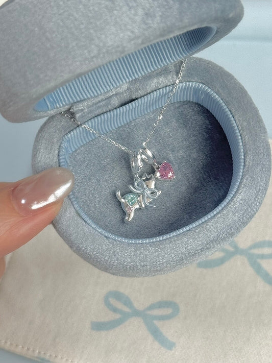 LolaWhite "Milky Paws" S925 Sterling Silver Pink Zircon Blue Bow Kitten Necklace