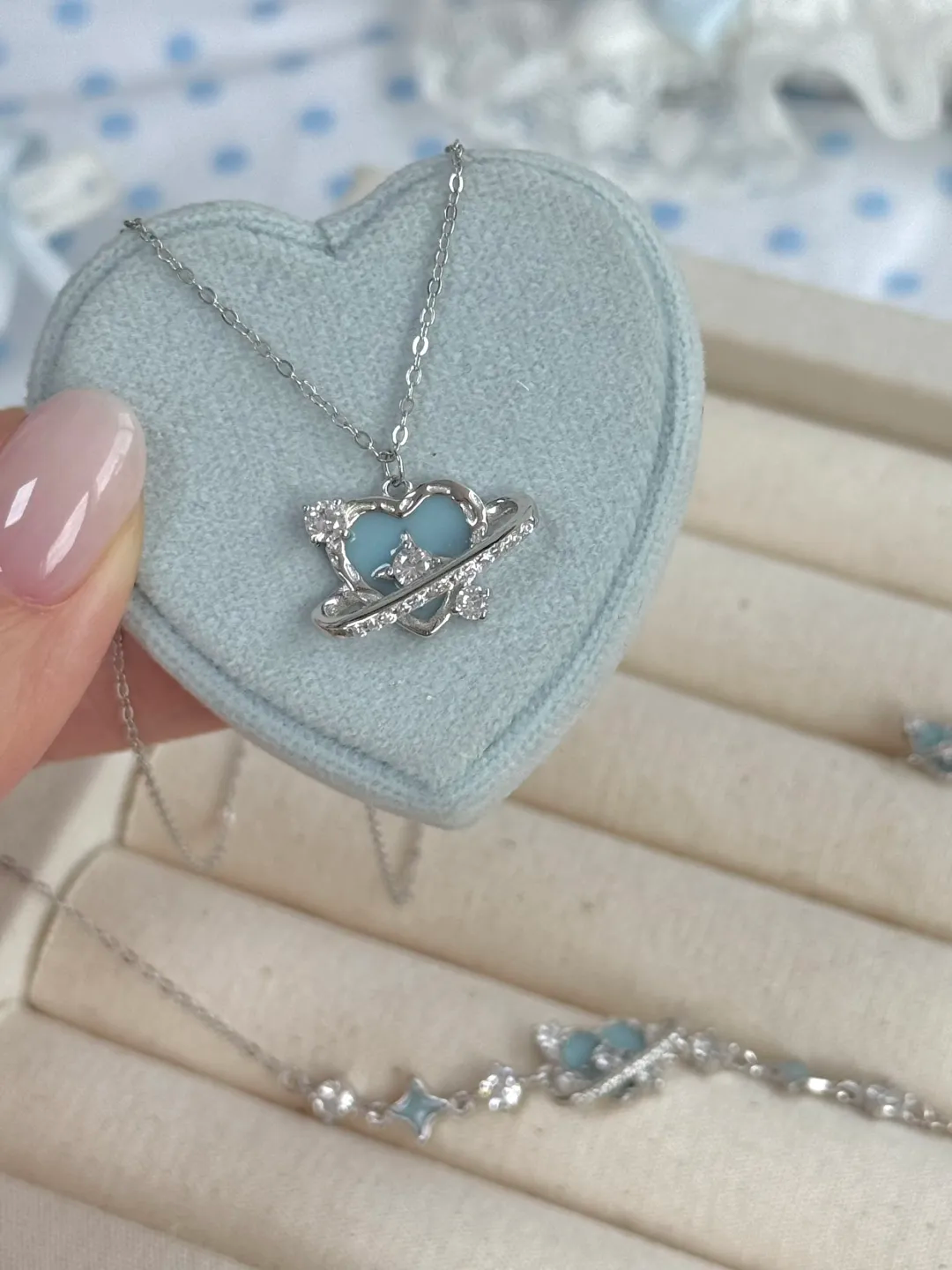 LolaWhite "Sweet Planet" S925 Sterling Silver Blue Heart & Star Trail Collection – Necklace, Bracelet & Earrings