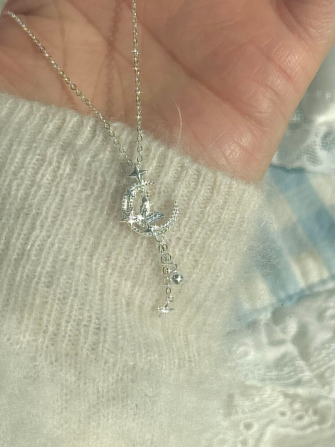 LolaWhite "Moonlit Butterfly Dance" S925 Sterling Silver Star, Moon & Butterfly Tassel Necklace