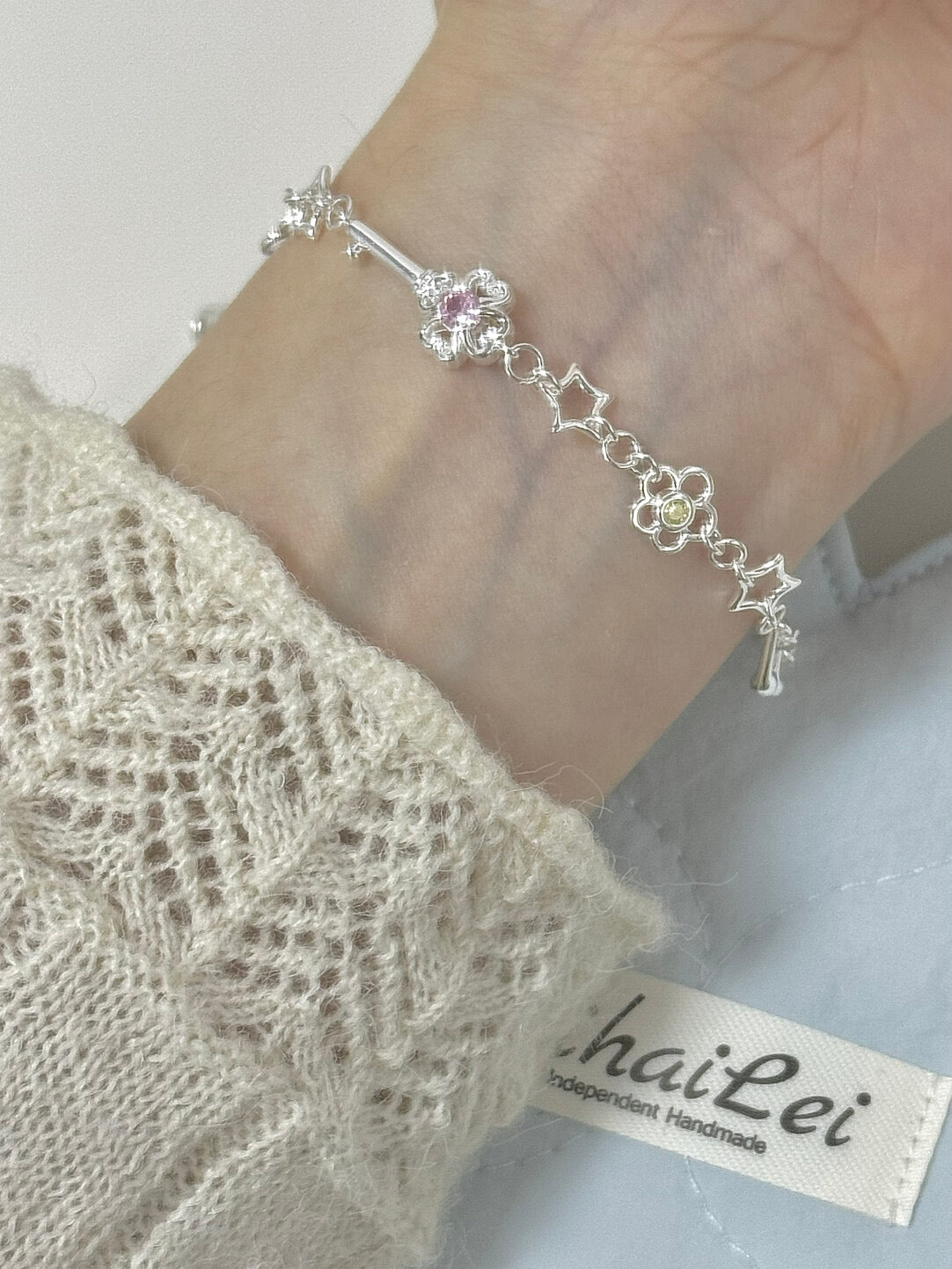 LolaWhite "Lucky Melody" S925 Sterling Silver Bracelet with Four-Leaf Clover, Key, Flower & Music Note Charms - Unique & Symbolic