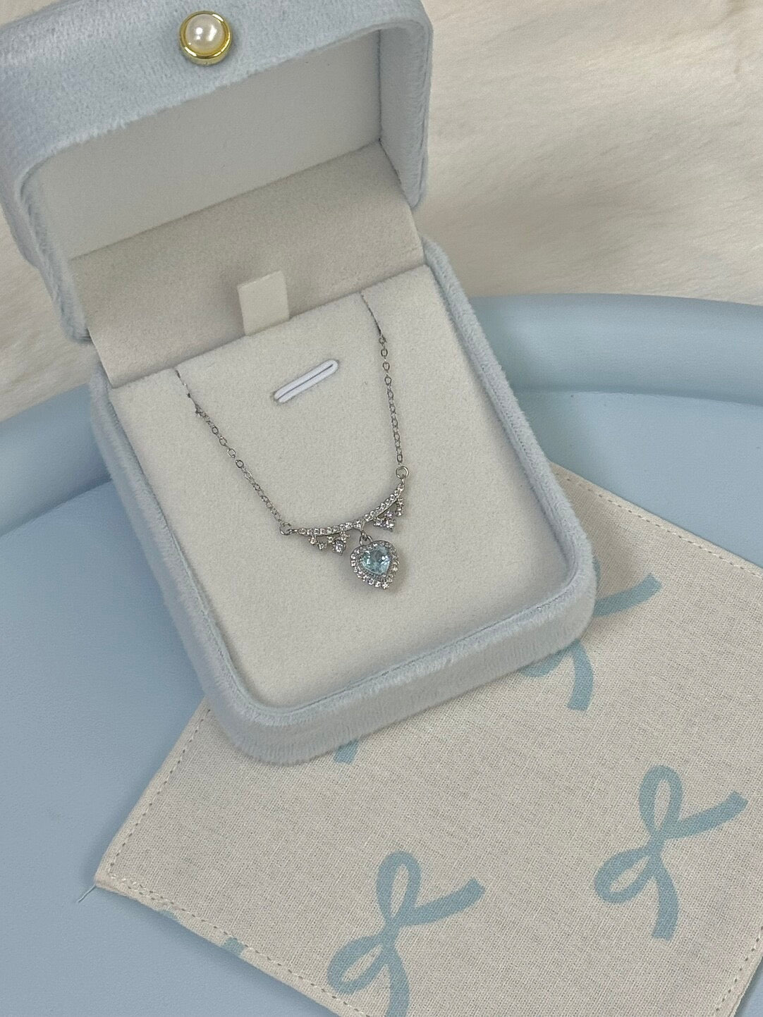 LolaWhite "Glacial Lake Era" Solid S925 Sterling Silver Necklace with Ice Blue Heart Zircon – Designer & Unique