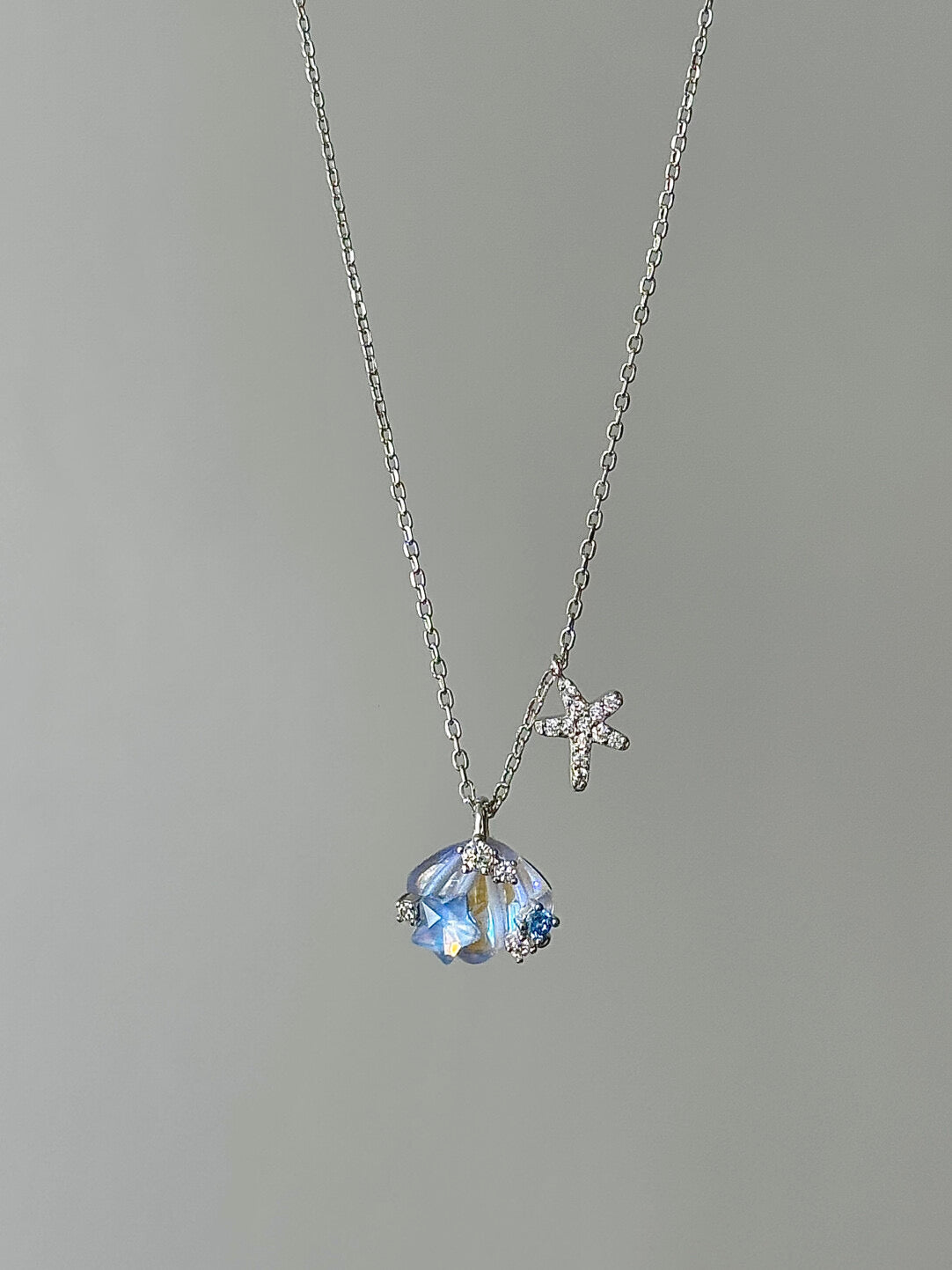 LolaWhite "Moonlight Coast" Solid S925 Sterling Silver Iridescent Starfish & Shell Necklace & Bracelet Set - Dreamy Marine Style