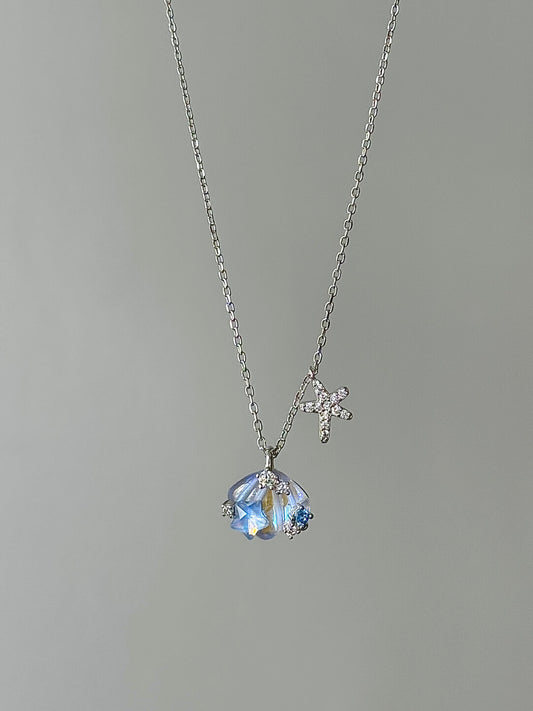 LolaWhite "Moonlight Coast" Solid S925 Sterling Silver Iridescent Starfish & Shell Necklace & Bracelet Set - Dreamy Marine Style