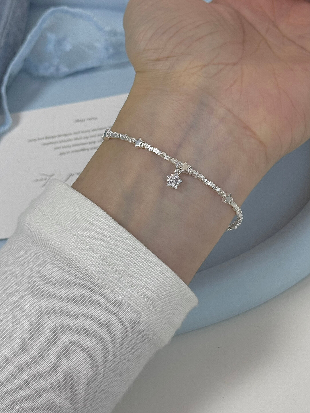 LolaWhite "Stardust Chronicles" Solid S999 Sterling Silver Star & Crushed Silver Accents Bracelet - Dainty, Versatile & Sweet - Korean Ins Style