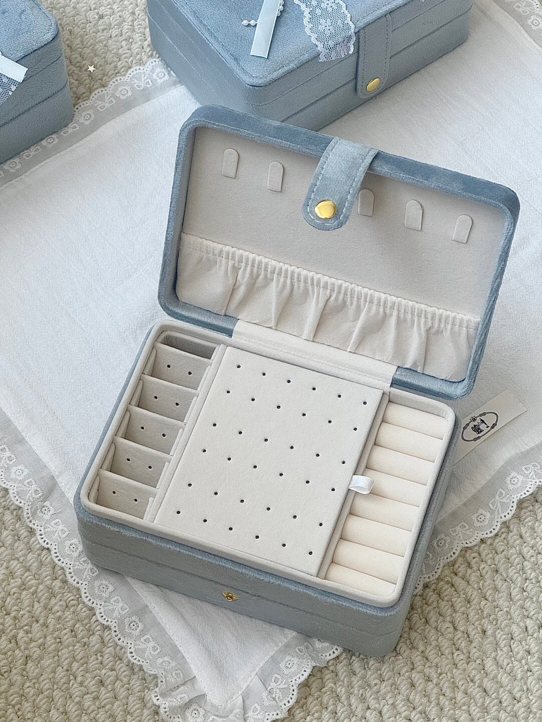 LolaWhite Double-layer Bow Lace Haze Blue Velvet Jewelry Box - Premium & Spacious