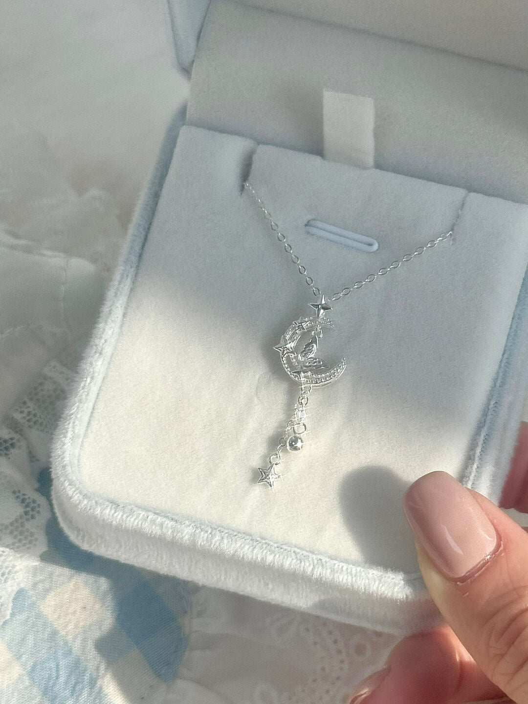 LolaWhite "Moonlit Butterfly Dance" S925 Sterling Silver Star, Moon & Butterfly Tassel Necklace