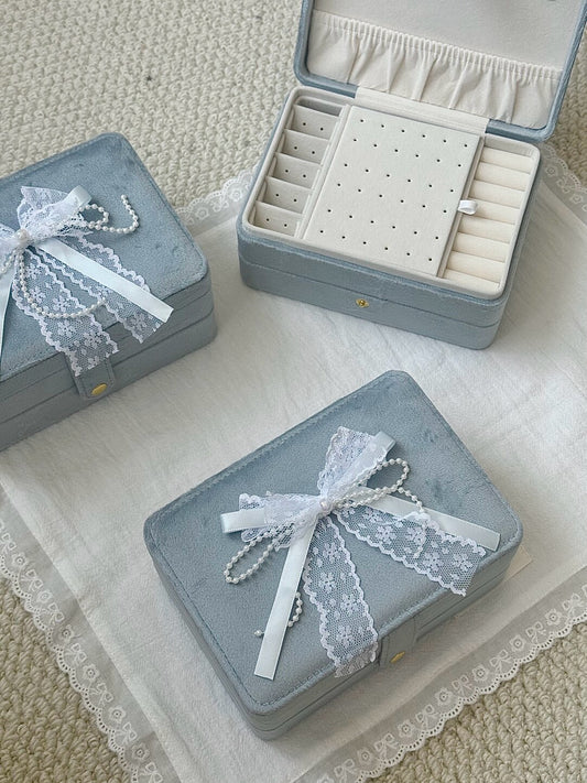 LolaWhite Double-layer Bow Lace Haze Blue Velvet Jewelry Box - Premium & Spacious