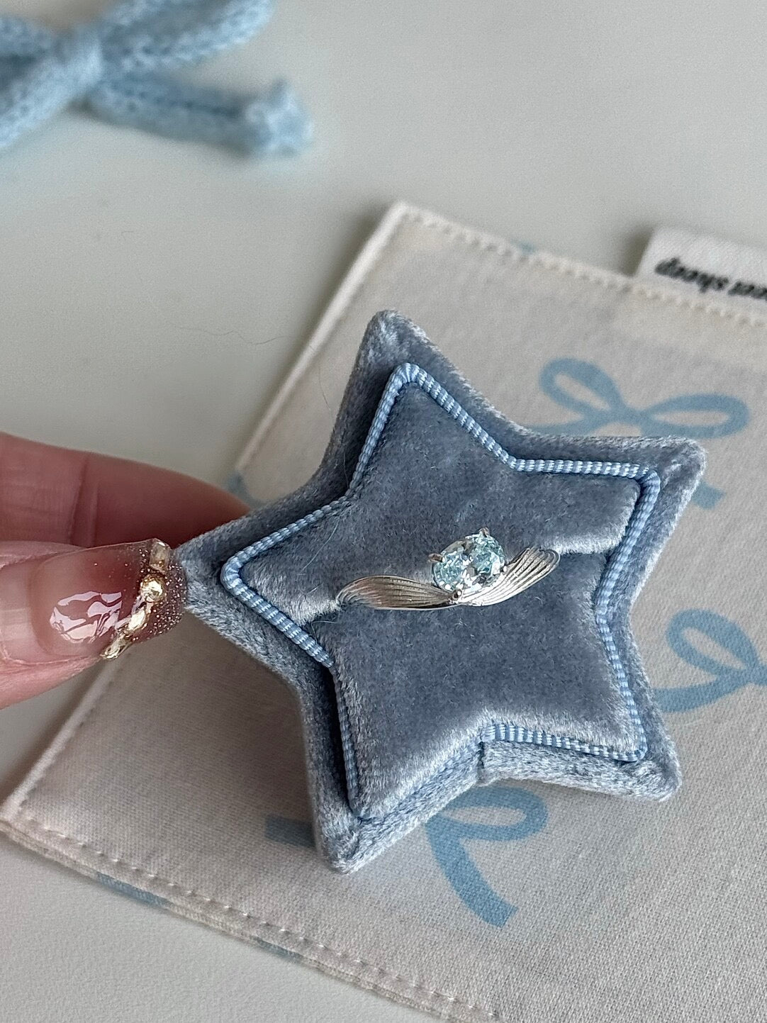 LolaWhite "Mercury Record" S925 Sterling Silver Wave-Textured Ring in Aqua Blue - Light Luxury & Icy Elegance