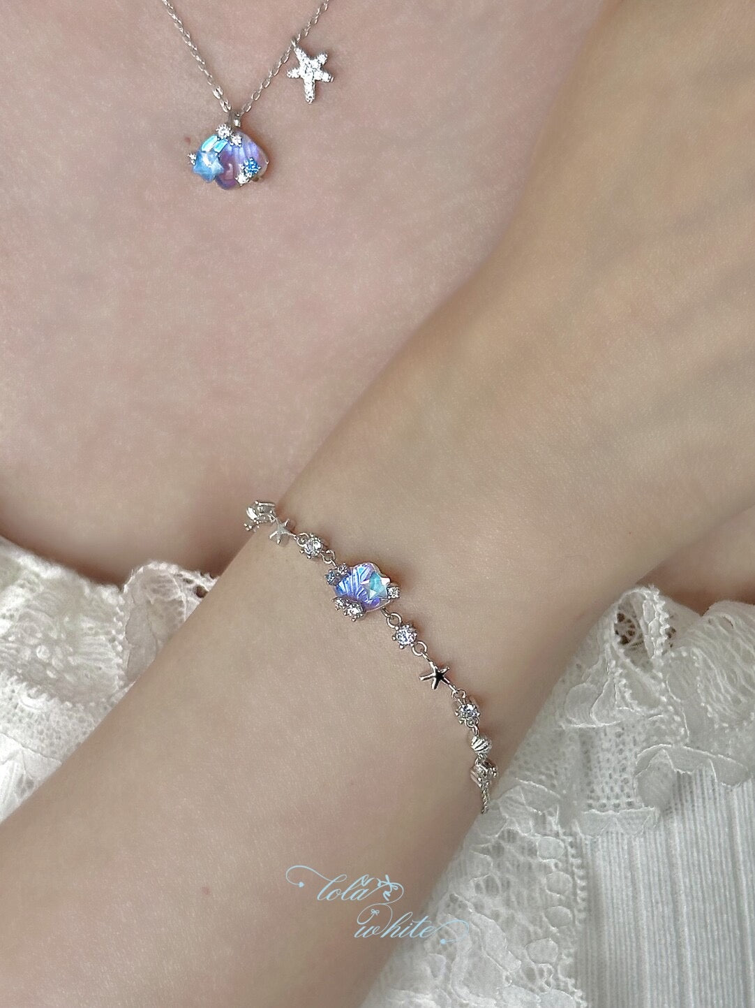 LolaWhite "Moonlight Coast" Solid S925 Sterling Silver Iridescent Starfish & Shell Necklace & Bracelet Set - Dreamy Marine Style