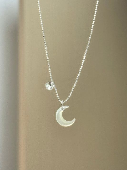 LolaWhite "Lunar Glow" S925 Sterling Silver Moon Pendant Necklace with Mother-of-Pearl - Ethereal, Gentle & Unique