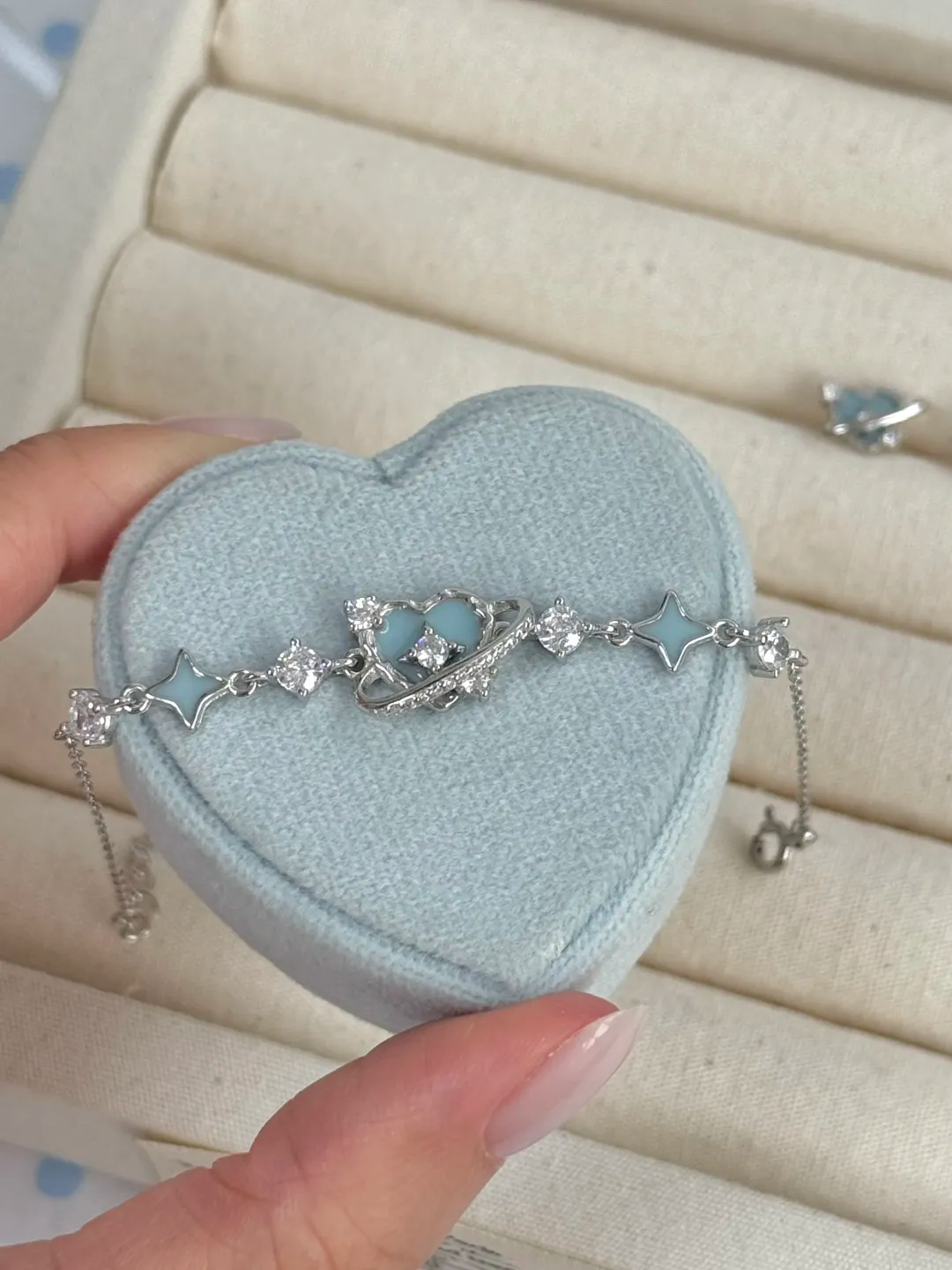 LolaWhite "Sweet Planet" S925 Sterling Silver Blue Heart & Star Trail Collection – Necklace, Bracelet & Earrings