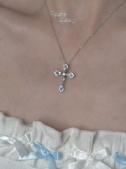 LolaWhite "Wishing Well's Greek Maiden" S925 Sterling Silver Blue Topaz Cross Pendant Necklace – Distinctive & Mythical
