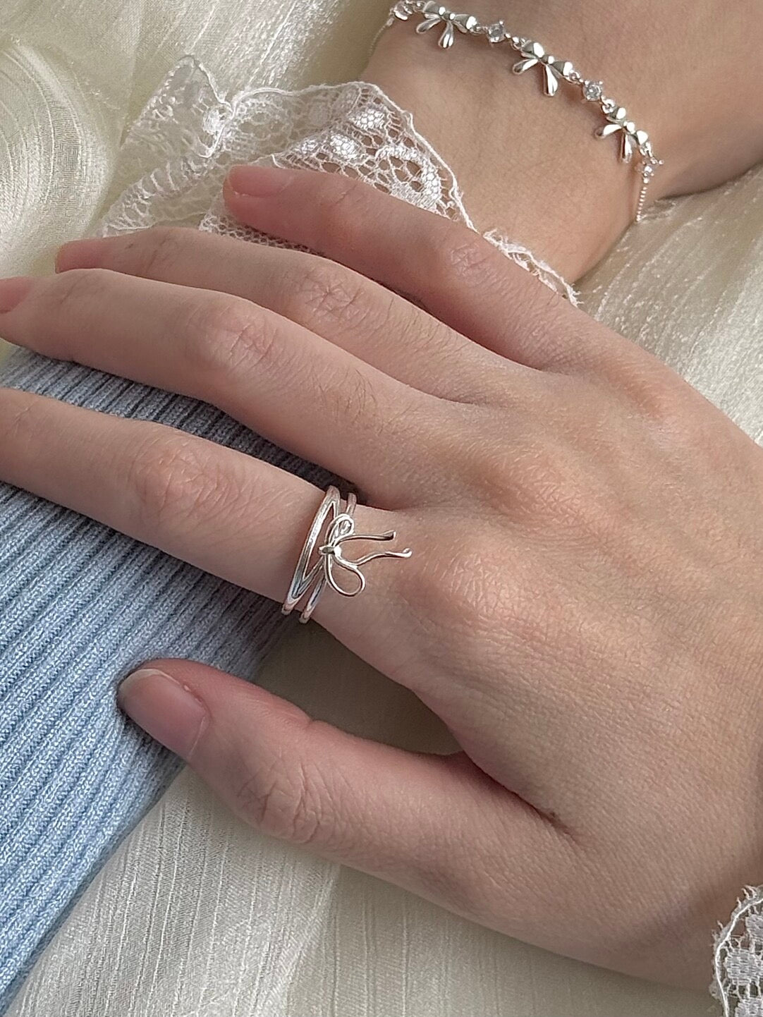 LolaWhite "Ballet Dream" S925 Sterling Silver Double-Loop Bow Ring - Delicate, Sweet & Minimalist