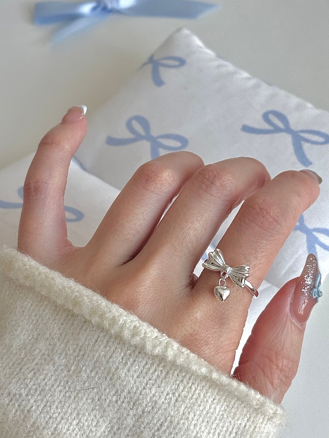 LolaWhite "Heartbeat Rhythm" S925 Sterling Silver Bow & Heart Ring - Playful, Sweet & Korean Style