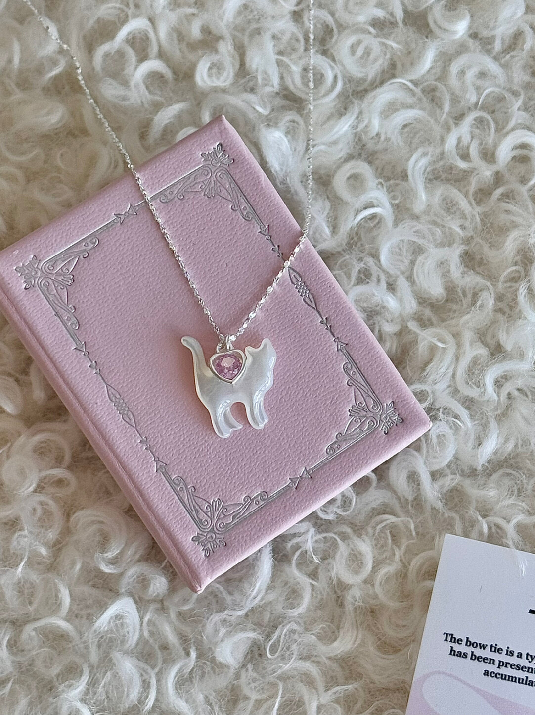 LolaWhite "Cloud Kitten" S925 Sterling Silver Mother-of-Pearl Cat Pendant Necklace with Heart Zircon - Playful & Sweet