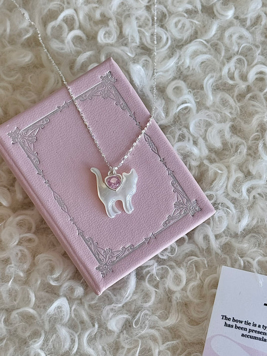 LolaWhite "Cloud Kitten" S925 Sterling Silver Mother-of-Pearl Cat Pendant Necklace with Heart Zircon - Playful & Sweet