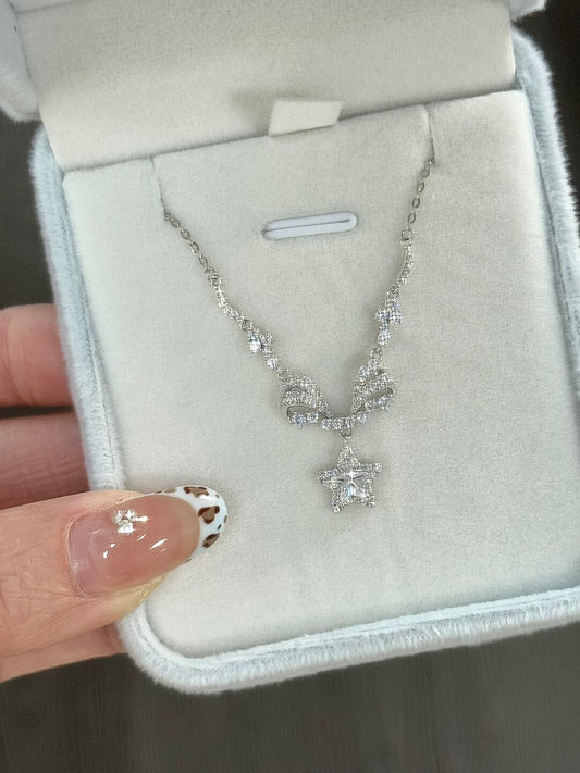Dear Lola "Lace-Embroidered Stars" Solid S925 Sterling Silver Star Wing Collarbone Necklace – Delicate & Luxurious