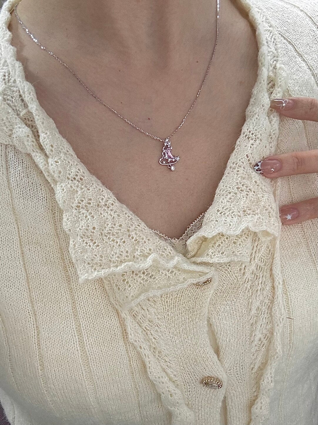 LolaWhite "Cherry Blossom Tree" Pink Star & Moon Christmas Tree Necklace S925 Sterling Silver Bow - Understated Luxury & Sweet