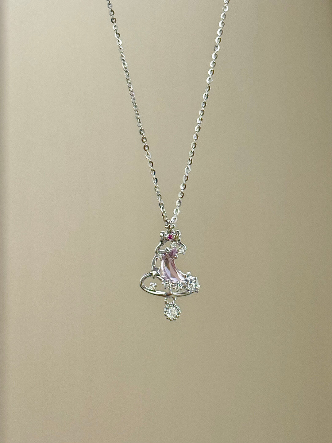LolaWhite "Cherry Blossom Tree" Pink Star & Moon Christmas Tree Necklace S925 Sterling Silver Bow - Understated Luxury & Sweet