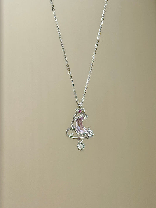 LolaWhite "Cherry Blossom Tree" Pink Star & Moon Christmas Tree Necklace S925 Sterling Silver Bow - Understated Luxury & Sweet