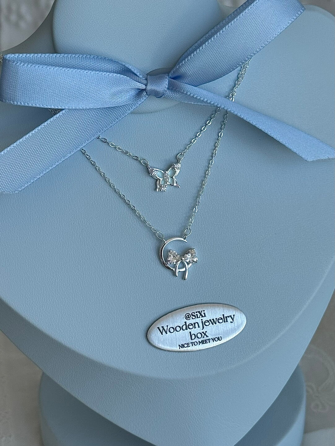 LolaWhite "Star-Moon Goddess" Solid S999 Pure Silver Crescent Moon & Bow Pendant Necklace with Zircon - Sweet & Feminine
