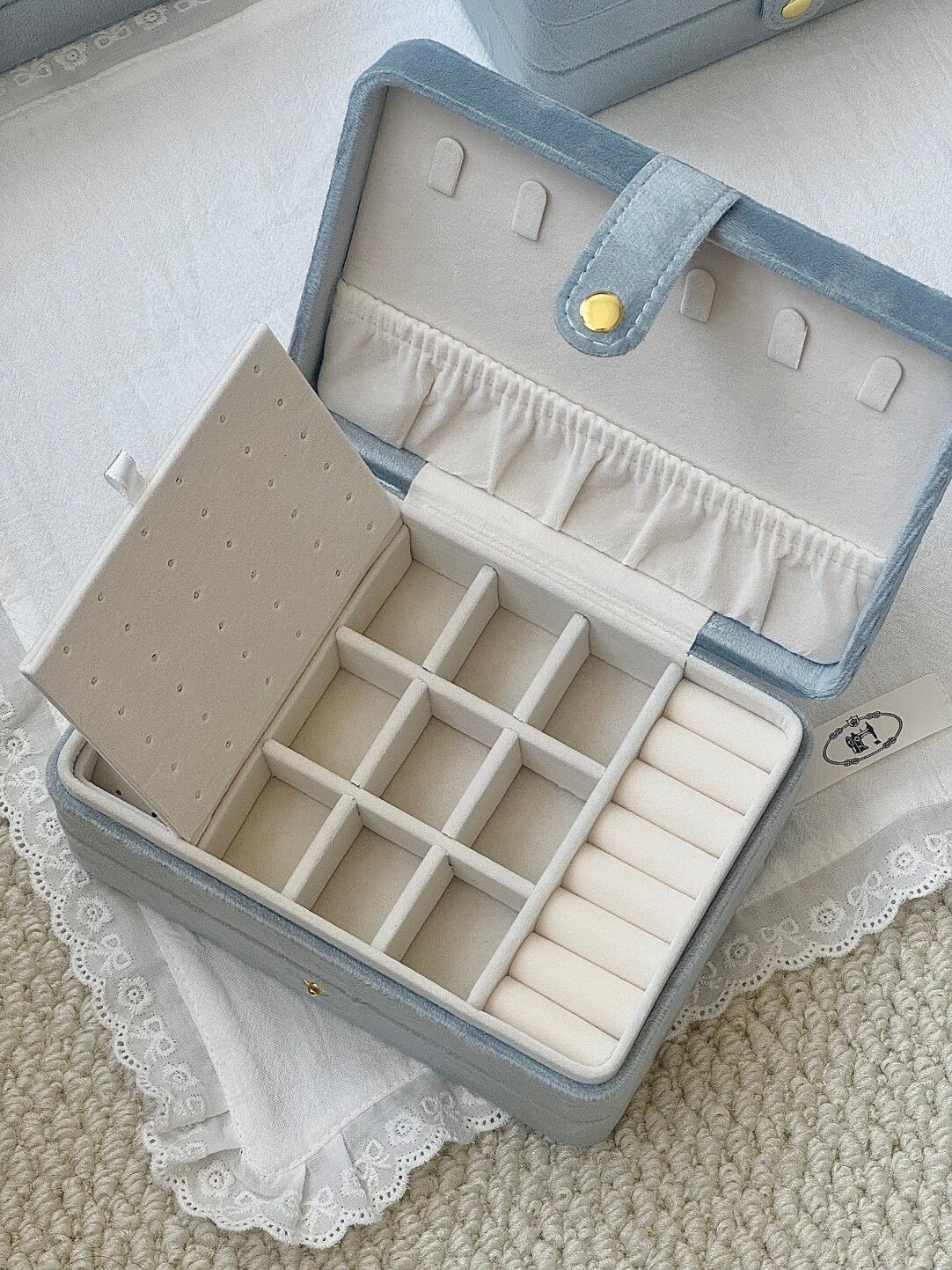 LolaWhite Double-layer Bow Lace Haze Blue Velvet Jewelry Box - Premium & Spacious