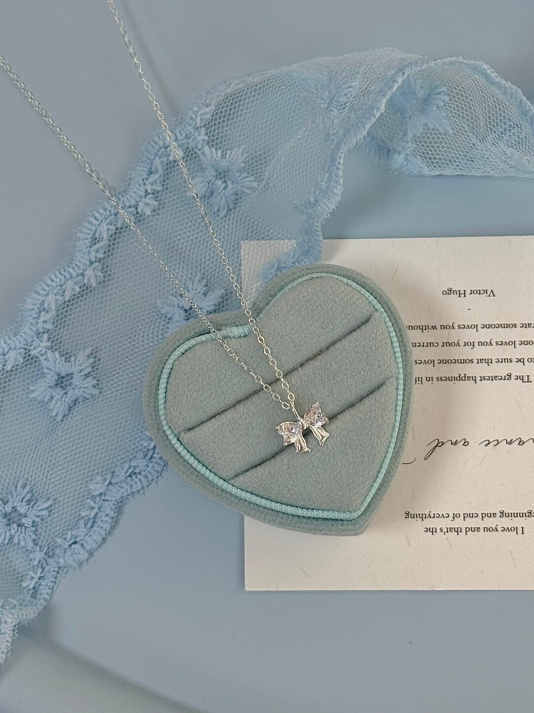 LolaWhite "Ballet Feathers" Solid S999 Sterling Silver Zircon Bow Necklace - Sweet, Light Luxury & Artistic