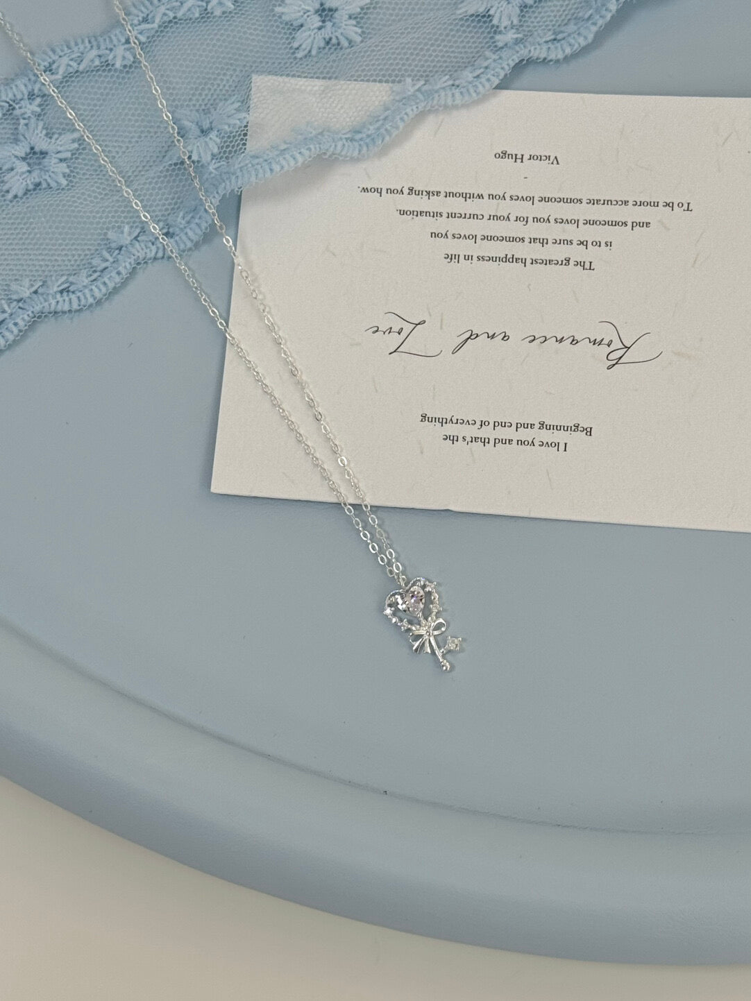 LolaWhite "Love's Sweet Scepter" Solid S999 Sterling Silver Heart-shaped Pendant with Crystal Rhinestones Collarbone Necklace - Sweet, Light Luxury & Elegant