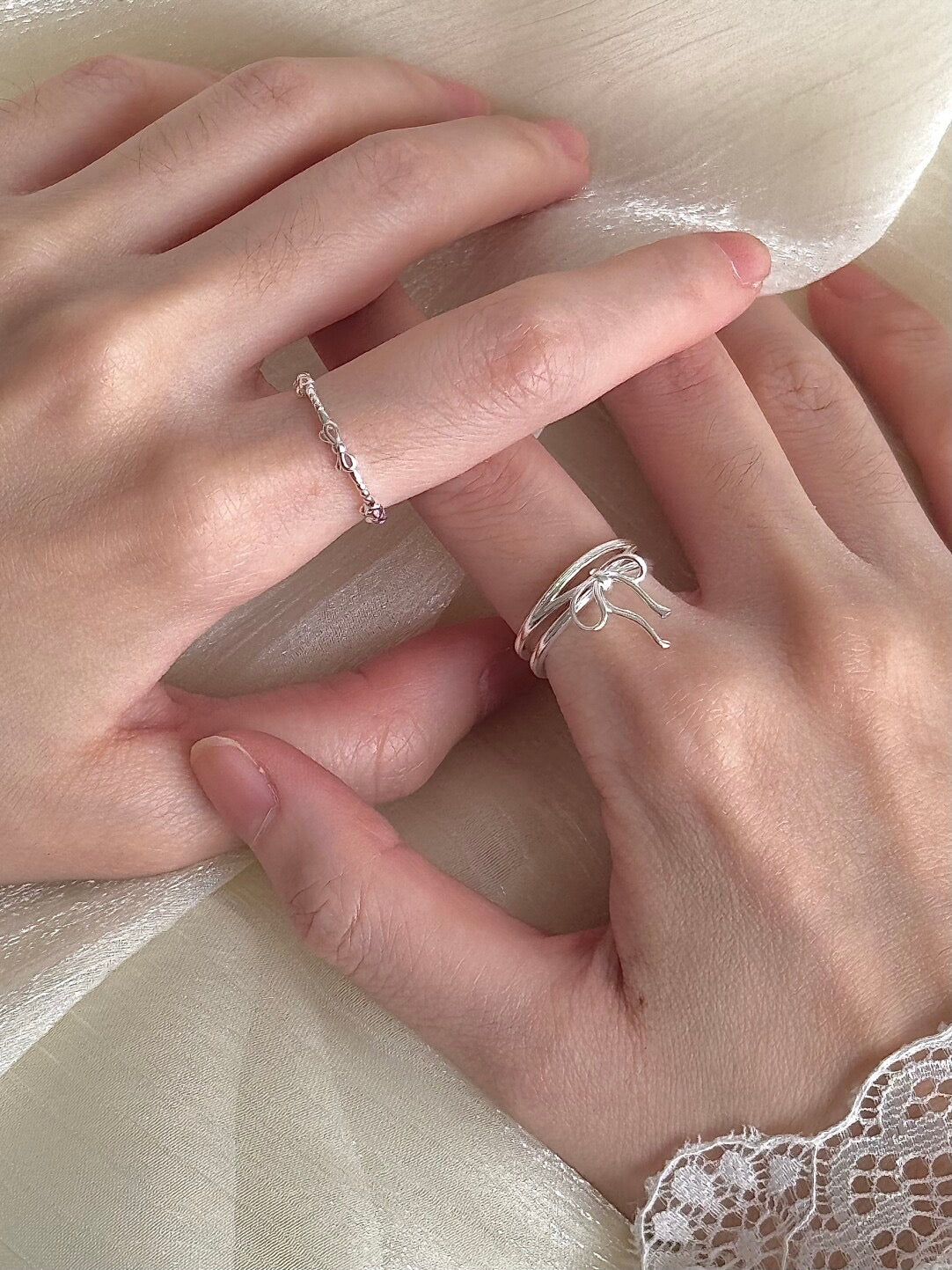 LolaWhite "Ballet Dream" S925 Sterling Silver Double-Loop Bow Ring - Delicate, Sweet & Minimalist