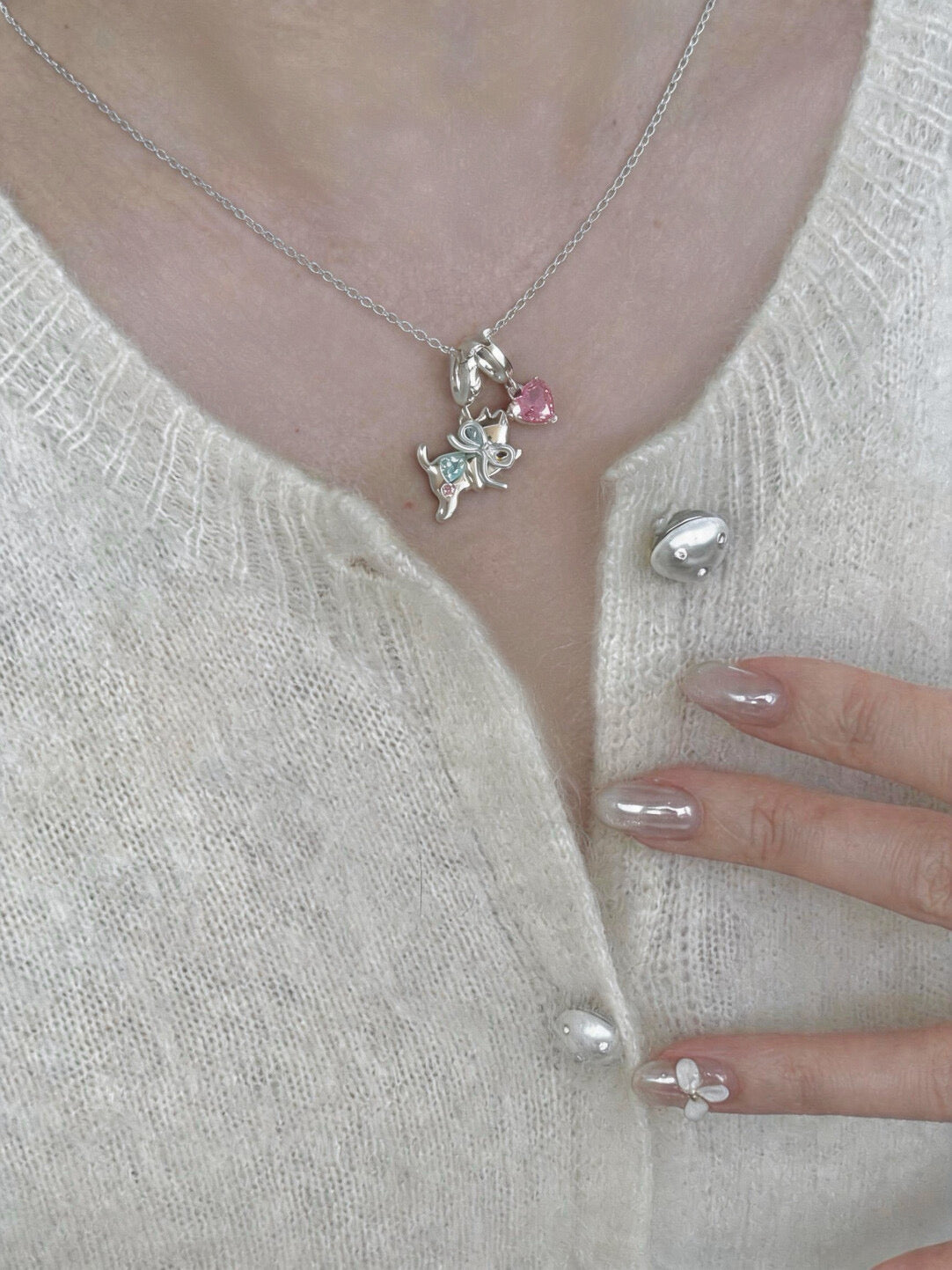 LolaWhite "Milky Paws" S925 Sterling Silver Pink Zircon Blue Bow Kitten Necklace
