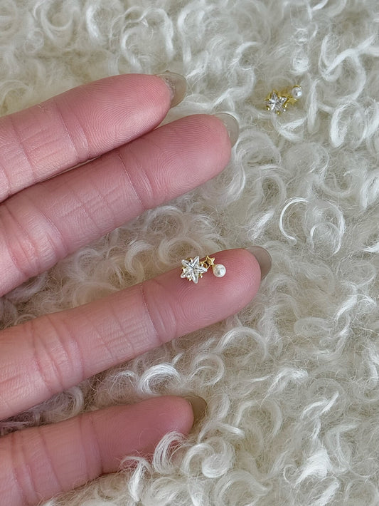 롤라화이트 스타 &amp; 펄 S925 스털링 실버 14K 골드 도금 스터드 귀걸이 - 한국 스타일, 섬세함, 개성 있는 디자인