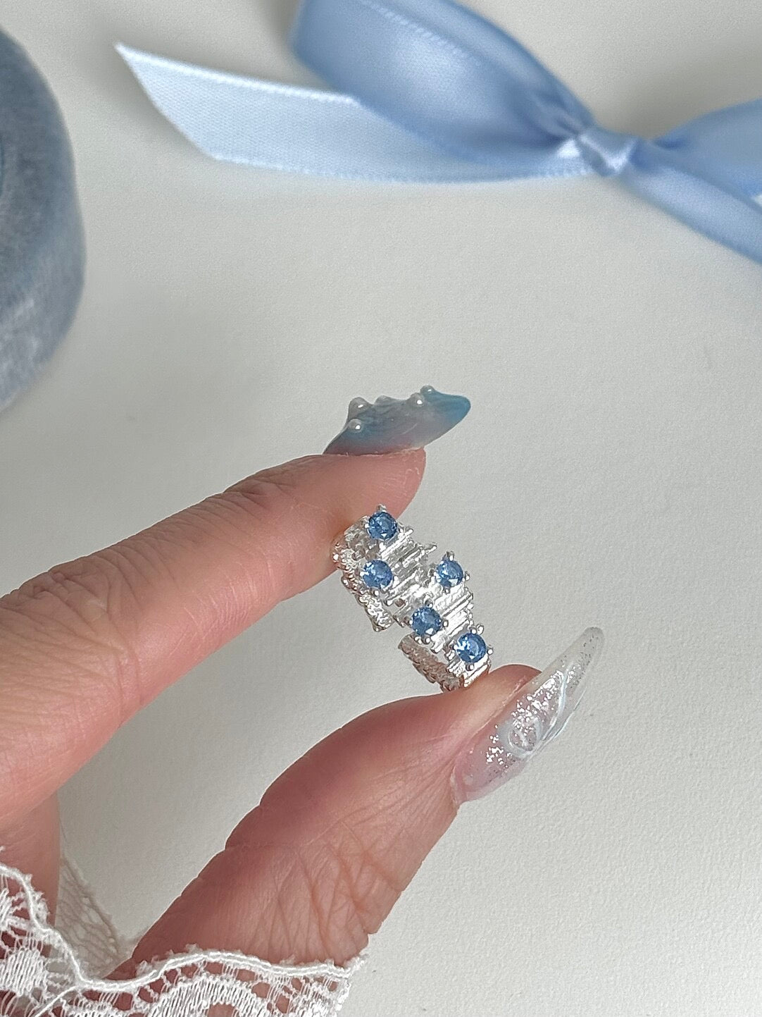 LolaWhite "Arctic Blue Tone" S925 Sterling Silver Open Ring with Glacial Blue Zircon - Icy Aesthetic & Unique Design
