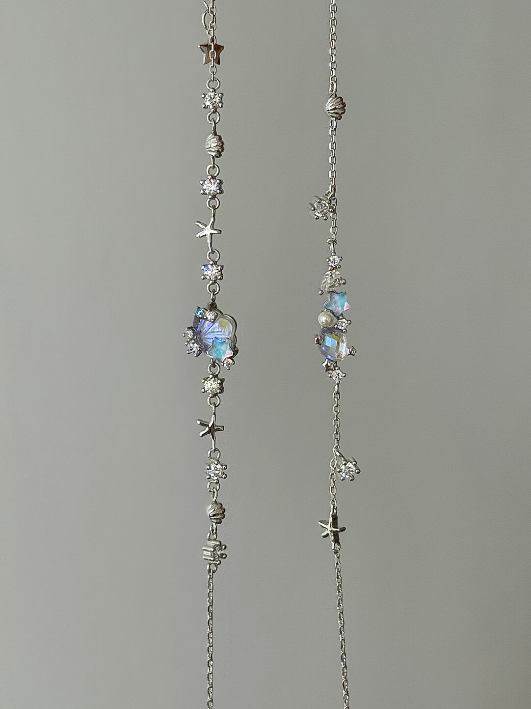 LolaWhite "Moonlight Coast" Solid S925 Sterling Silver Iridescent Starfish & Shell Necklace & Bracelet Set - Dreamy Marine Style