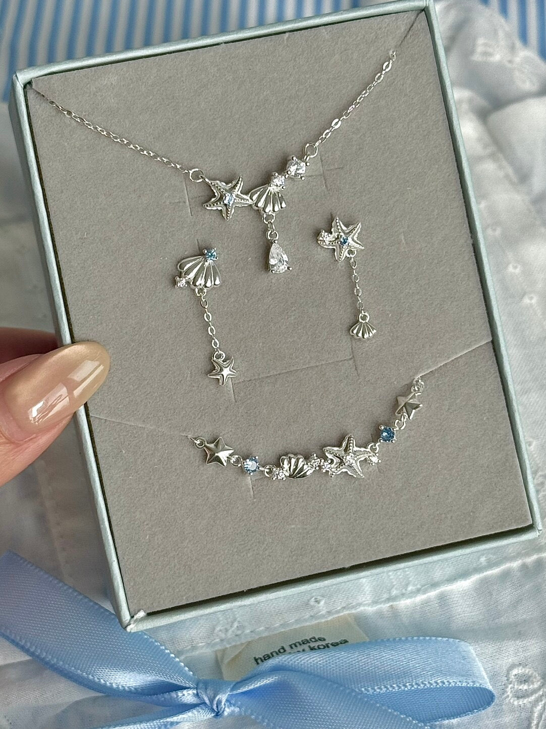 LolaWhite "Positano Summer" S999 Solid Sterling Silver Starfish & Shell Jewelry Set with Blue Zircon - Nautical Holiday Collection