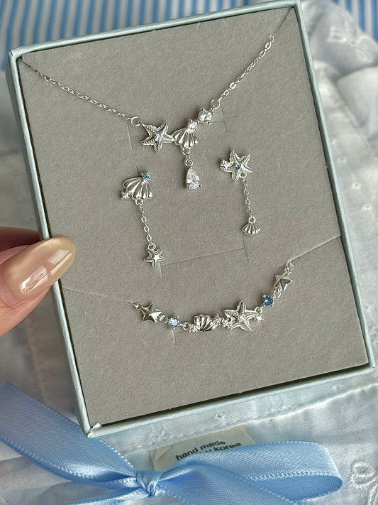 LolaWhite "Positano Summer" S999 Solid Sterling Silver Starfish & Shell Jewelry Set with Blue Zircon - Nautical Holiday Collection