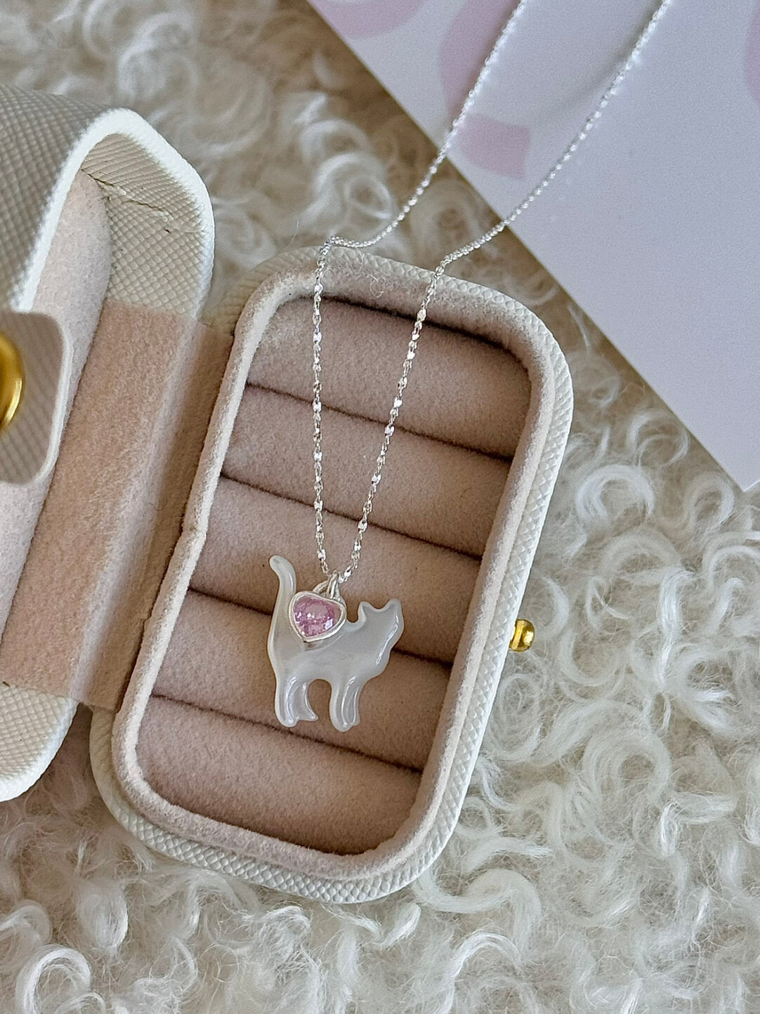 LolaWhite "Cloud Kitten" S925 Sterling Silver Mother-of-Pearl Cat Pendant Necklace with Heart Zircon - Playful & Sweet