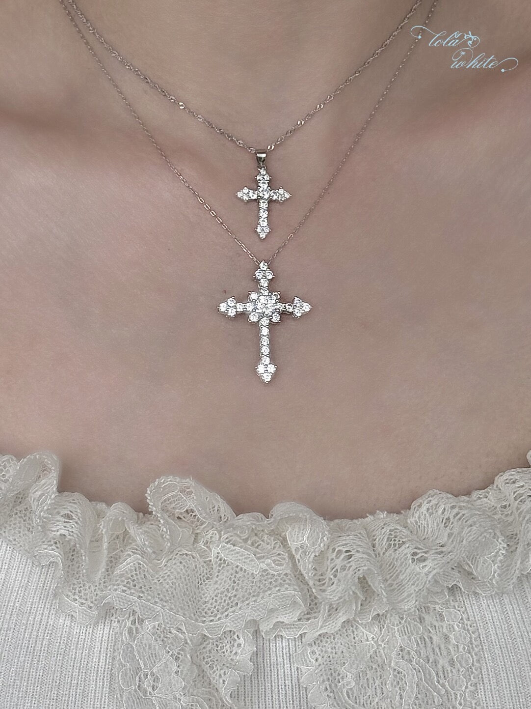 LolaWhite "Aphrodite's Descent" S925 Sterling Silver Full-Zircon Cross Pendant Necklace – Sweet&Luxe