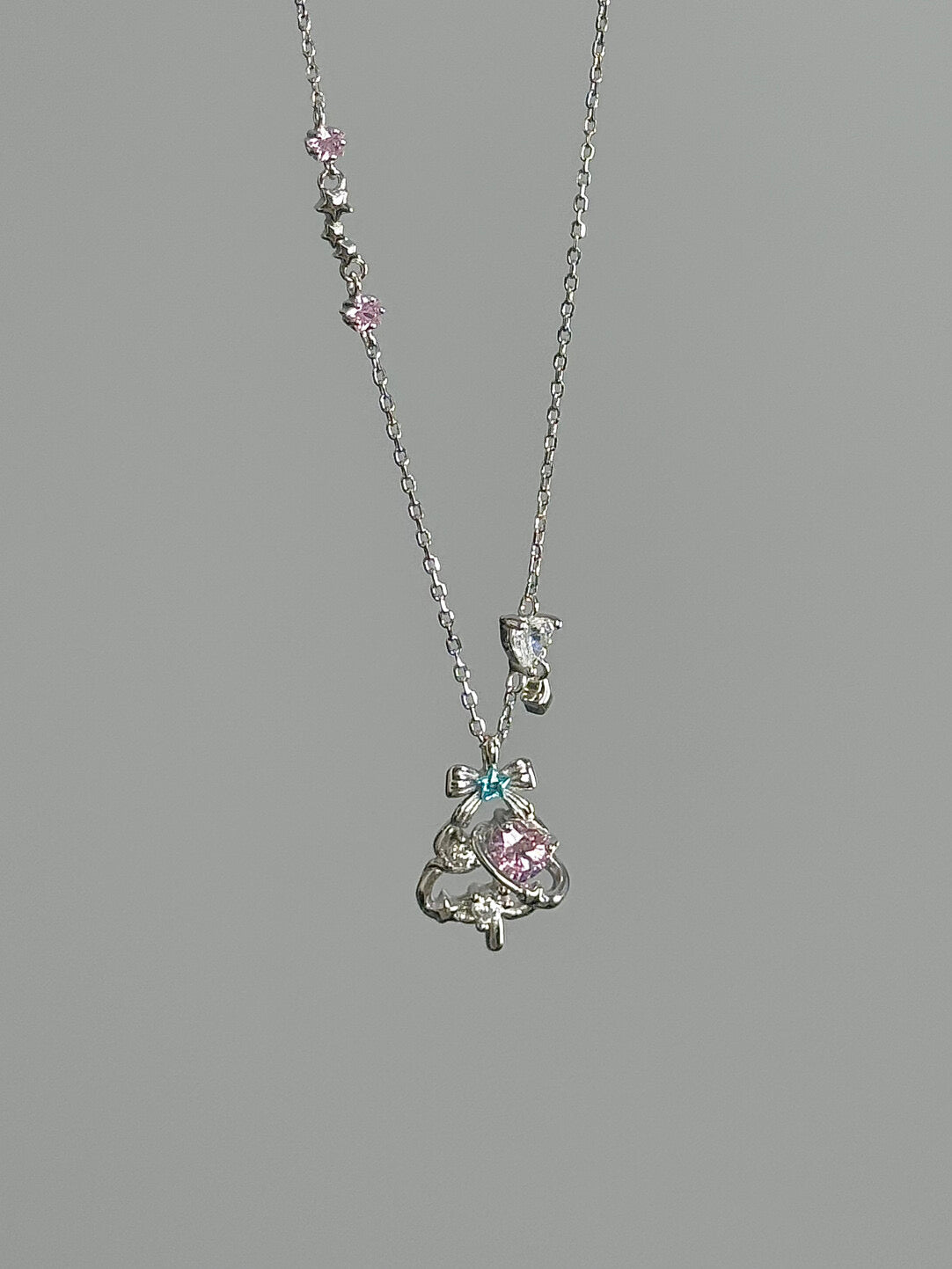 DearLola "Melting Snow Sweetheart" S925 Sterling Silver Pink & Blue Zircon Christmas Tree Necklace - Dreamy & Festive