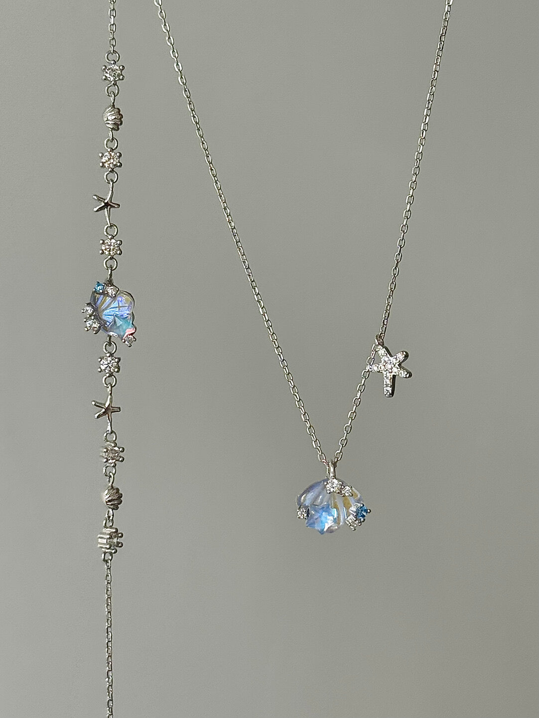 LolaWhite "Moonlight Coast" Solid S925 Sterling Silver Iridescent Starfish & Shell Necklace & Bracelet Set - Dreamy Marine Style