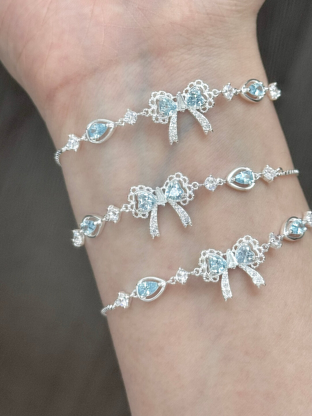 LolaWhite "Lingering Rainlight" Blue Zircon Lace Bow Bracelet – Silver Plated, Dazzling & Sweet