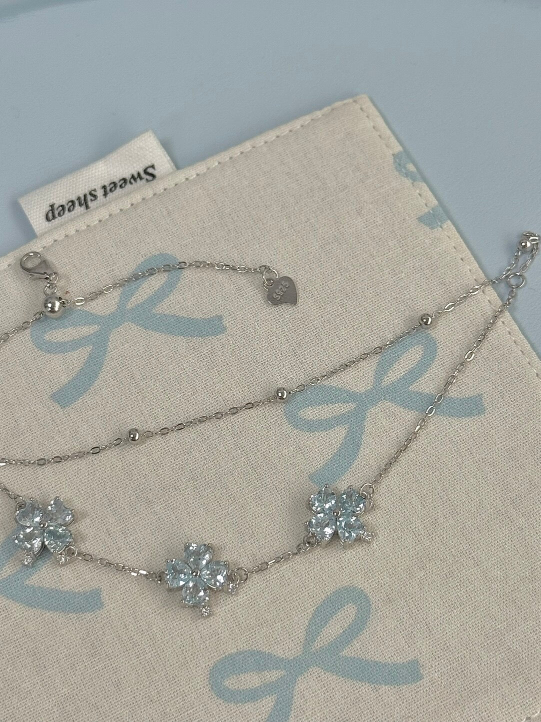 LolaWhite "Blue Ravine Pavilion" Solid S925 Sterling Silver Blue Four-Leaf Clover Double-Layer Bracelet – Light Luxury & Elegant