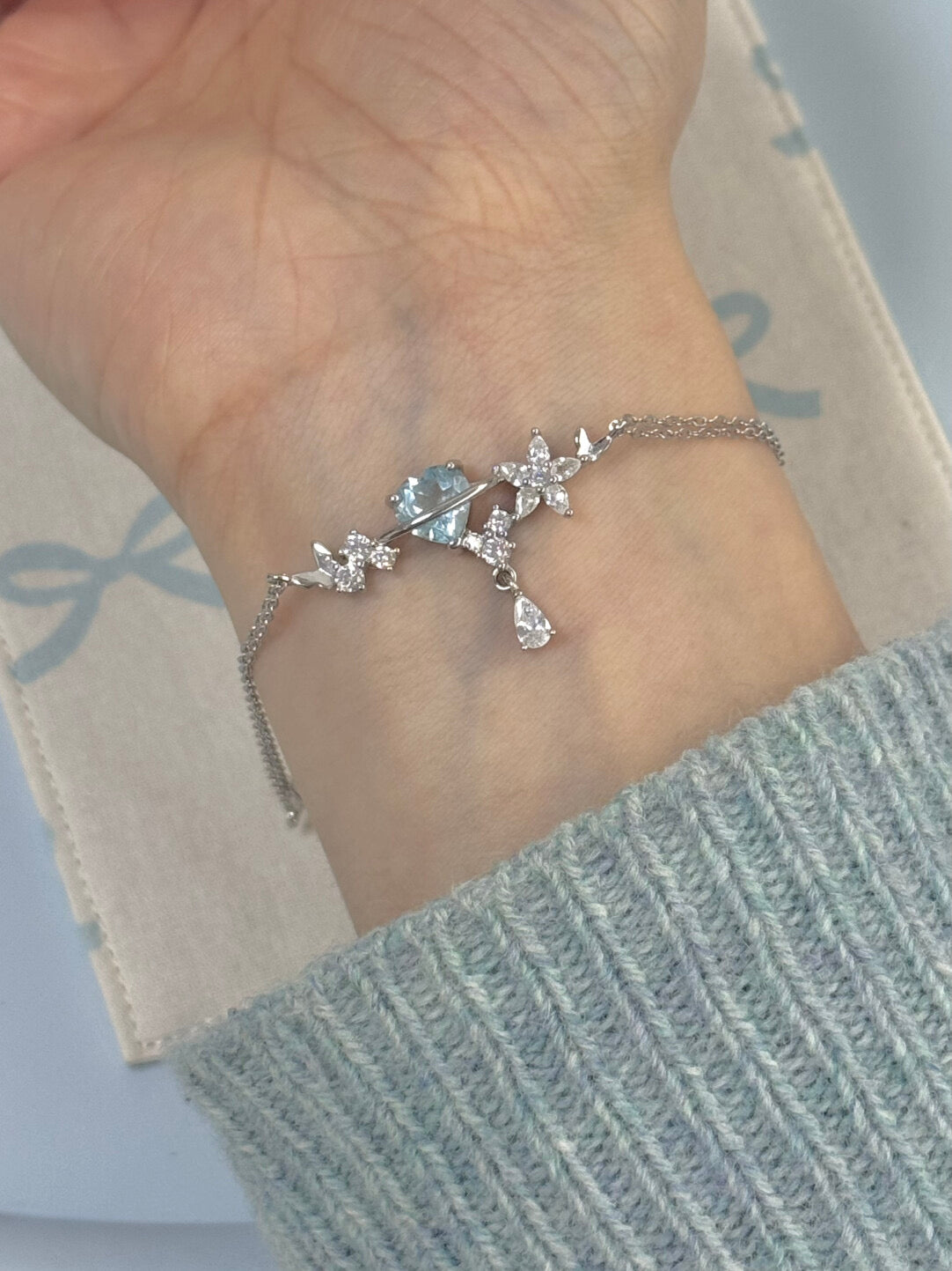 LolaWhite "Cloud Puff" Solid S925 Sterling Silver Bracelet – Butterfly, Blue Heart & Star Trail – Elegant & Whimsical
